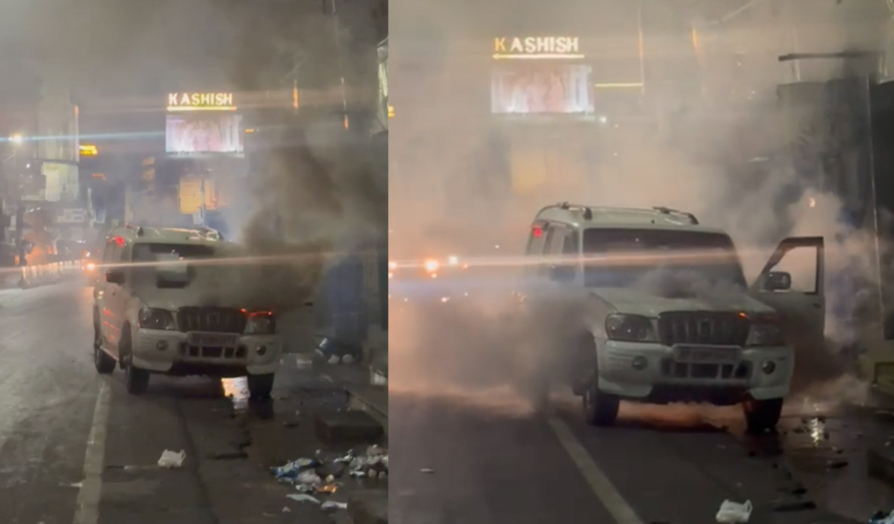 Watch: Moving car catches fire in Hyderabad’s Old City area; No casualties