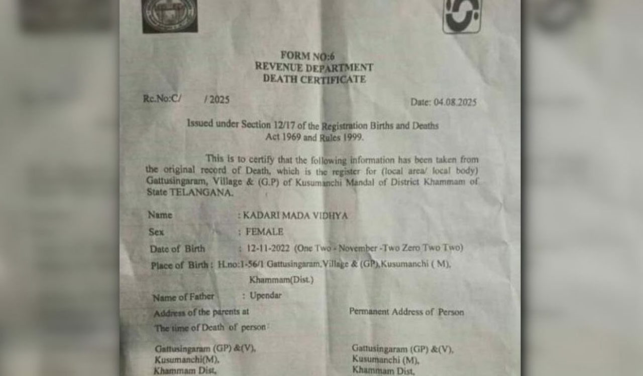 Revenue officials issue death certificate instead of birth certificate for infant in Khammam