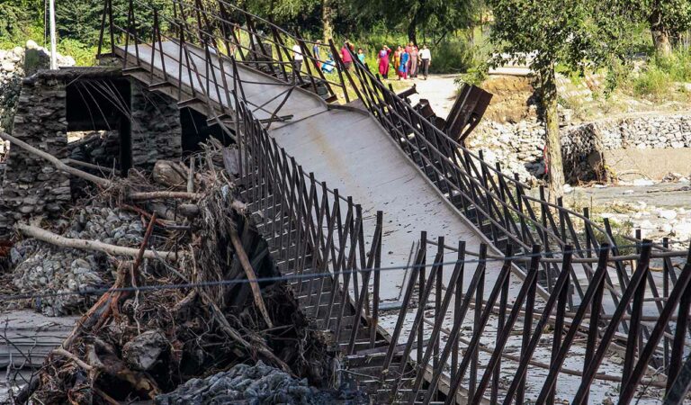 A bridge damaged due to heavy rainfall, in Kullu, Himachal Pradesh,