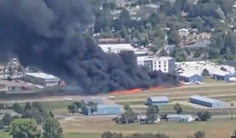 Small plane crashes into parked aircraft at Montana Airport, triggering massive fire.