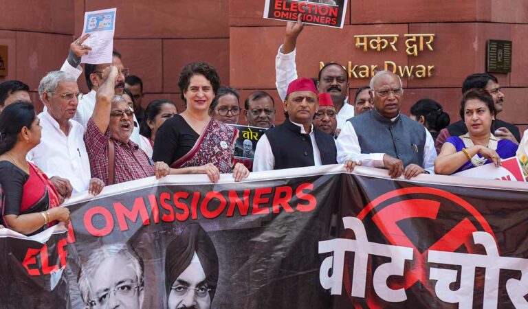 LoP in the Rajya Sabha and Congress President Mallikarjun Kharge, party MP Priyanka Gandhi Vadra, and Samajwadi Party President and MP Akhilesh Yadav, along with other MPs from the INDIA bloc, participate in a protest against the Election Commission's Special Intensive Revision (SIR) of electoral rolls in Bihar, during the Monsoon session of Parliament, in New Delhi.