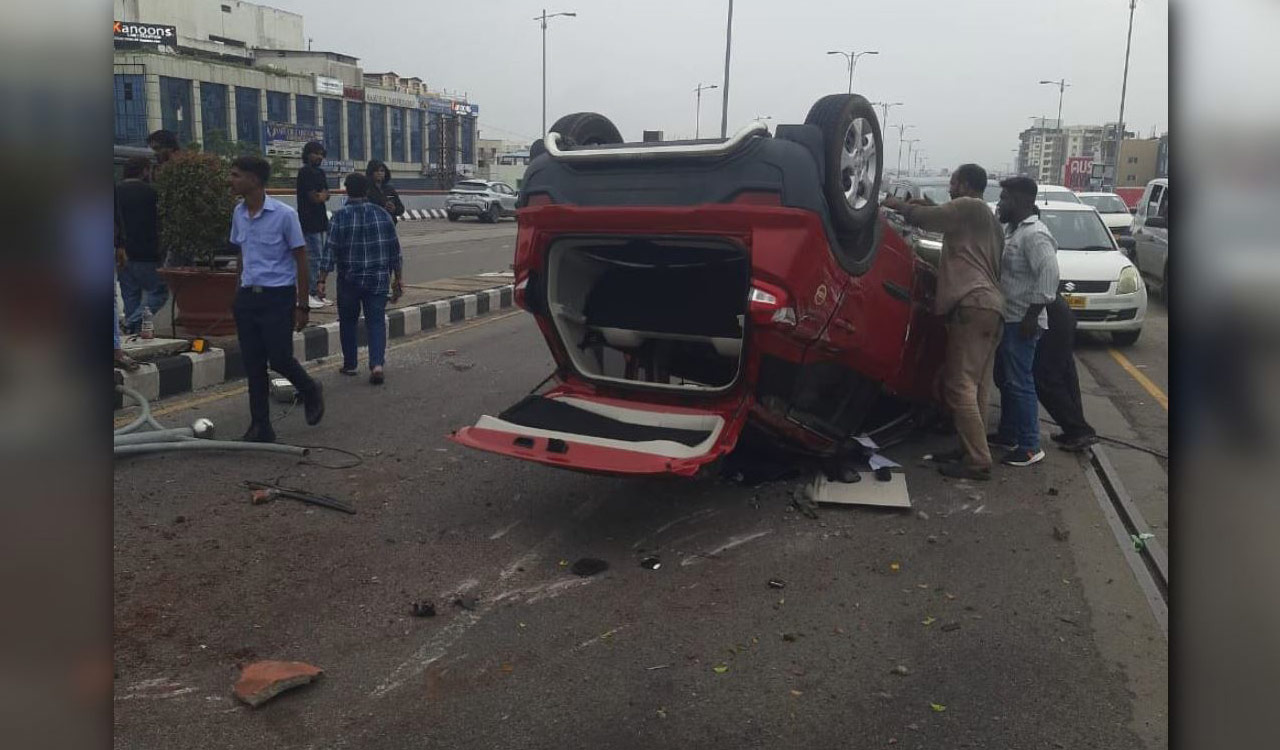 Traffic hit as car overturns on PVNR Expressway, two injured