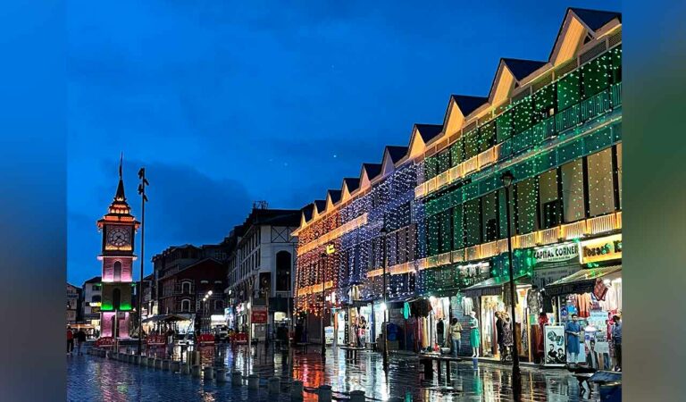 The Ghanta Ghar And Shops Are Illuminated In The Indian Tricolour On The Eve Of The Independence Day, At Lal Chowk, In Srinagar, Jammu And Kashmir