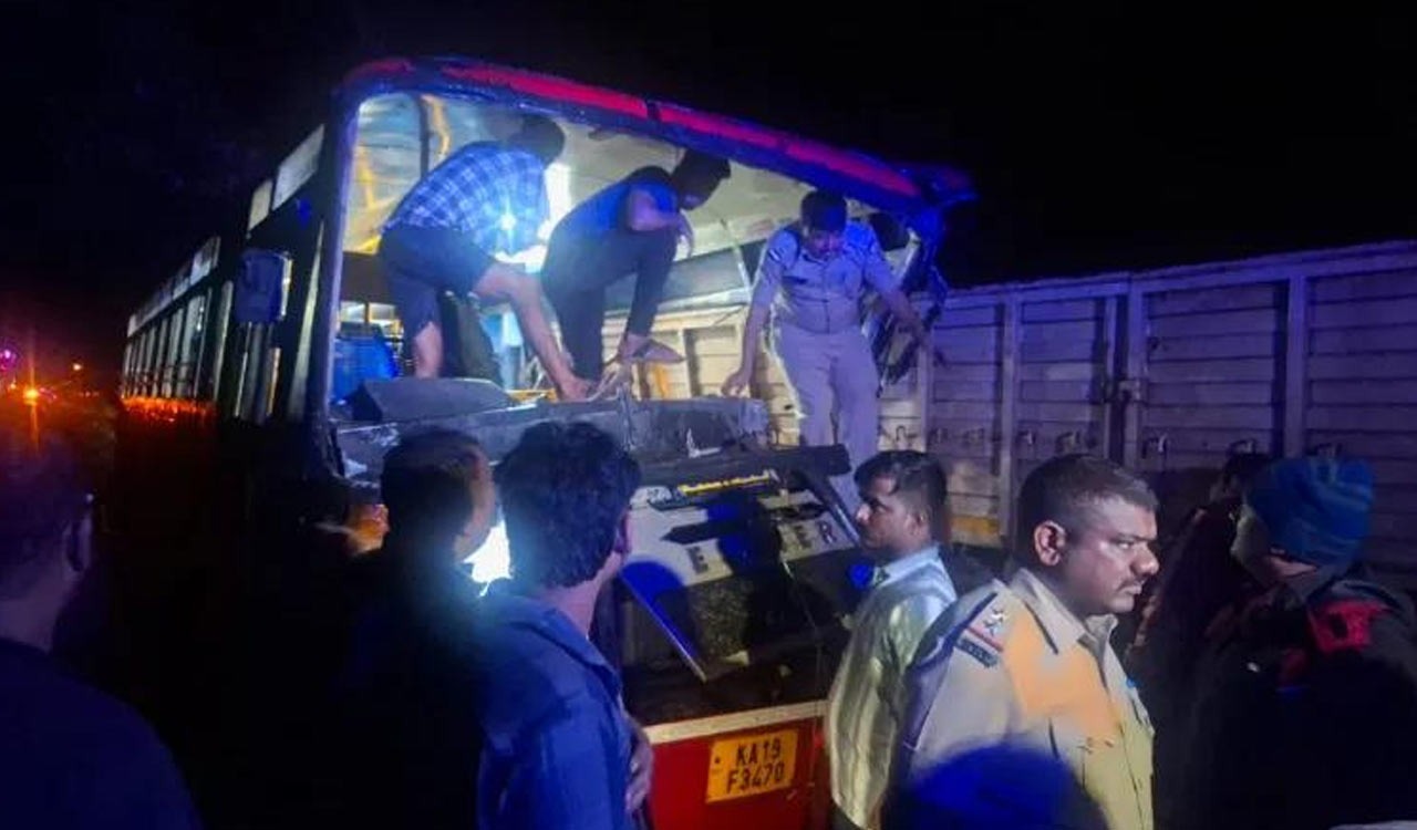 Three killed, seven injured as KSRTC bus rams parked lorry in Yellapur