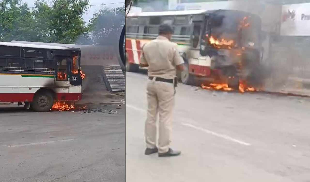 Watch: TSRTC bus catches fire at Mehdipatnam; passengers escape unharmed