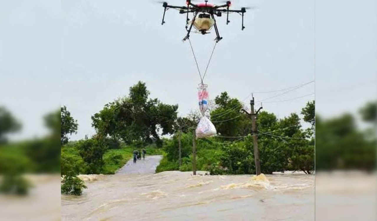 Shepherd washed away, officials use drone to supply food to stranded farmers in Sircilla