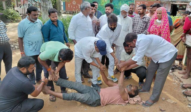 A farmer collapsed from seizures while waiting in a urea queue in Mahabubnagar. Former minister v srinivas goud rushed him to hospital, blaming government failure as farmers continued facing severe shortages.