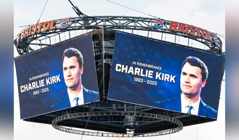 A tribute to Charlie Kirk is shown on the Jumbotron before a NASCAR Cup Series auto race in Bristol, Tenn.