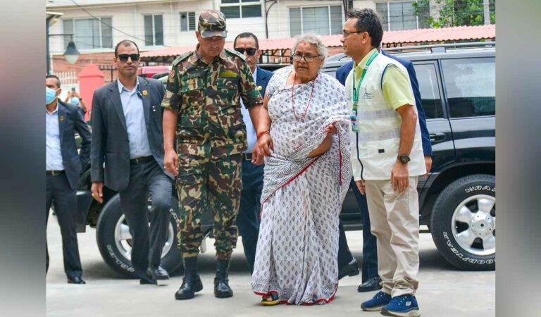Nepal's interim Prime Minister Sushila Karki arrives to inspect the protest-hit areas in Kathmandu.