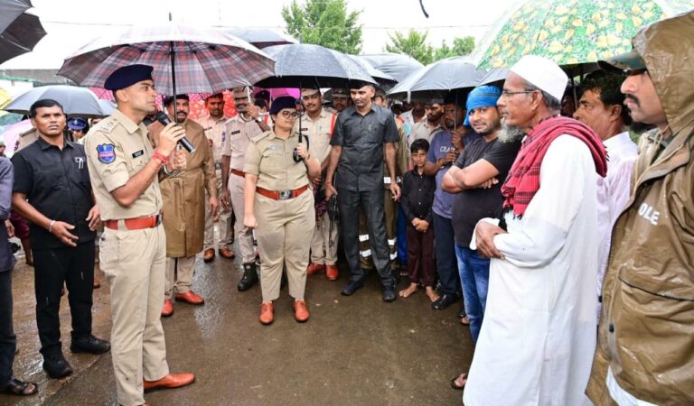 SP Akhil Mahajan interacts with locals during a community contact programme held at Keshavapatnam village in Echoda mandal on Thursday