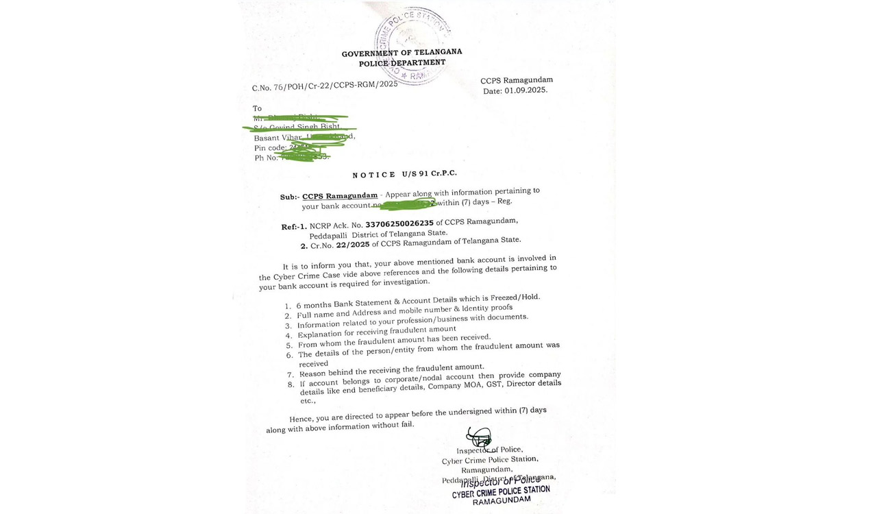 Cybercrime notice from Ramagundam police sparks debate after man posts it on social media