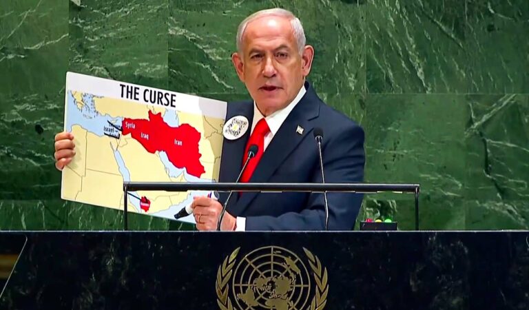 Israeli Prime Minister Benjamin Netanyahu addresses the 80th session of the United Nations General Assembly (UNGA), in New York, USA.