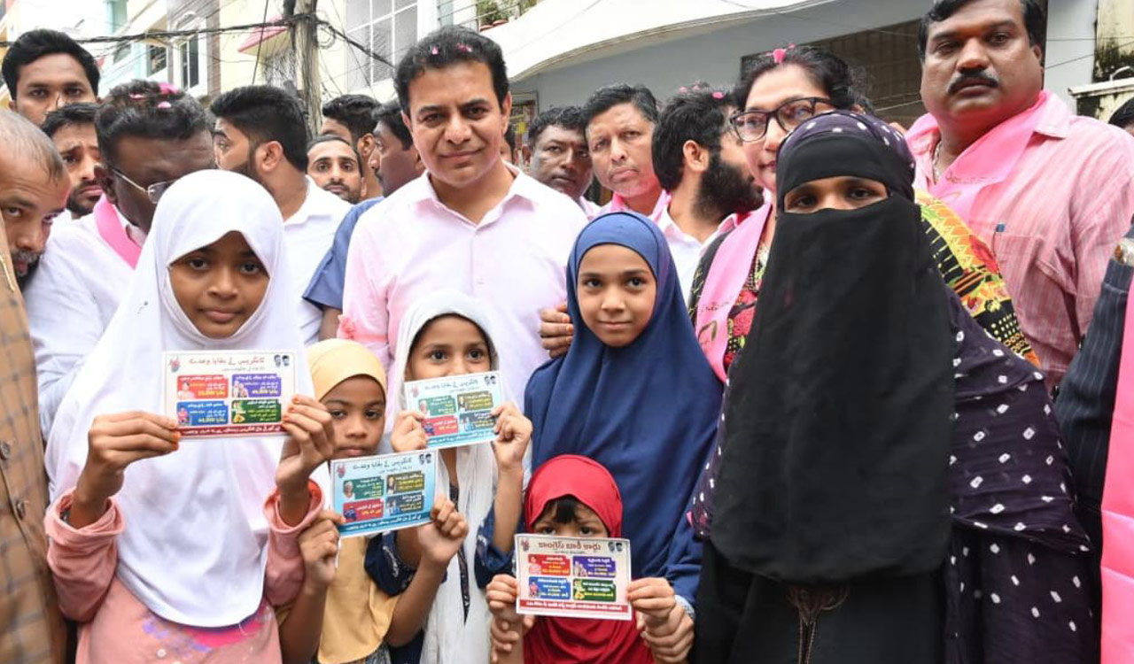KTR distributes ‘Congress Baaki Cards’ to voters in Jubilee Hills before crucial by-poll