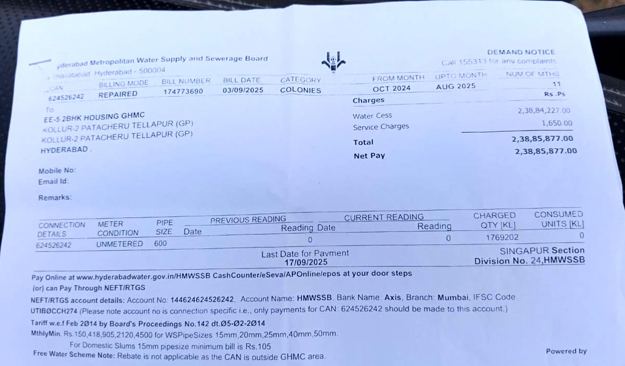 Kollur 2-BHK residents get Rs.2.39 crore water bill, demand waiver