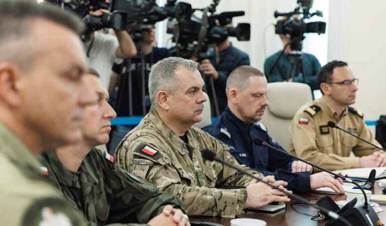 General Wieslaw Kukula, center, chief of the General Staff of the Polish Armed Forces during at the Chancellery of the Prime Minister for an extraordinary government meeting, following violations of Polish airspace during a Russian attack. in Warsaw, Poland.