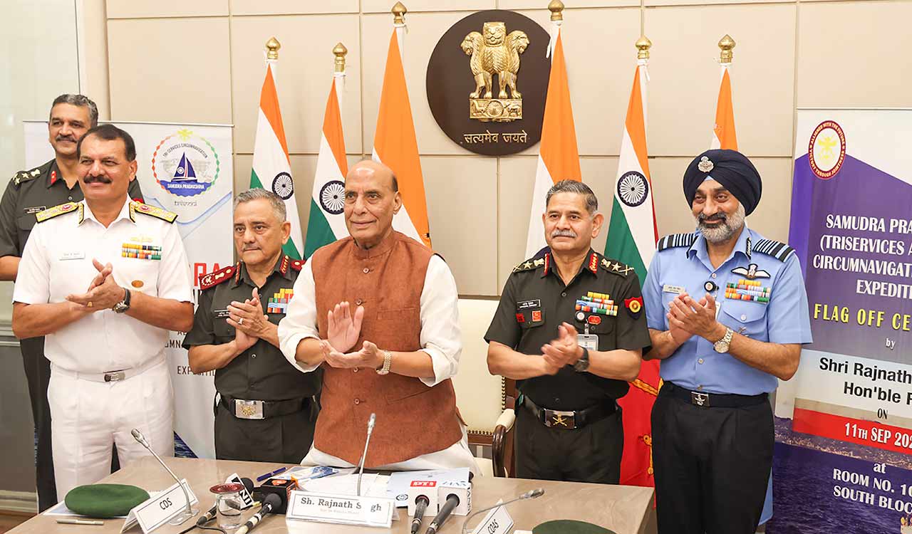 Defence Minister Rajnath Singh flags off historic tri-service sailing expedition on IASV Triveni