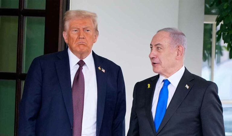 President Donald Trump greets Israeli Prime Minister Benjamin Netanyahu at the West Wing of the White House.