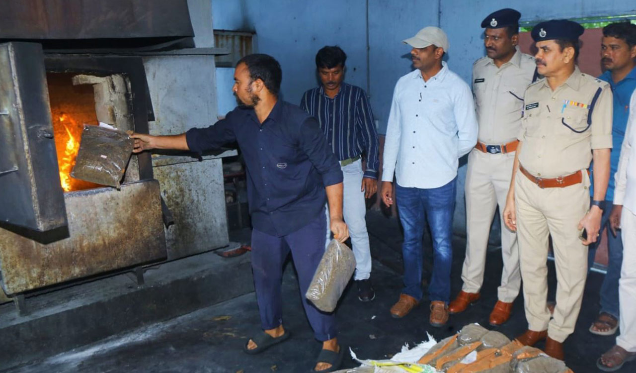 Khammam police burn 200 kg of ganja seized in multiple cases