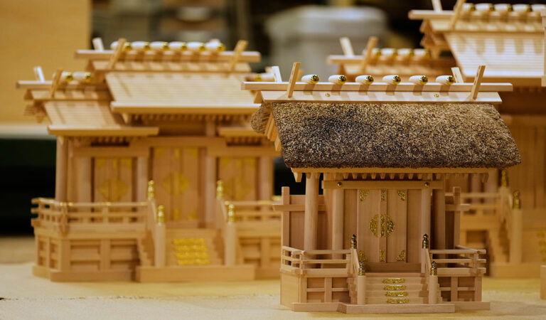 Handmade Shinto shrine alters are seen at Miyachu factory, which crafts miniature replicas of the Ise Jingu shrine, in Tamaki, central Japan.
