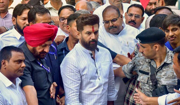 Union Minister and Lok Janshakti Party (Ram Vilas) Chief Chirag Paswan during a meeting with the family members of Haryana IPS officer Y. Puran Kumar, in Chandigarh.