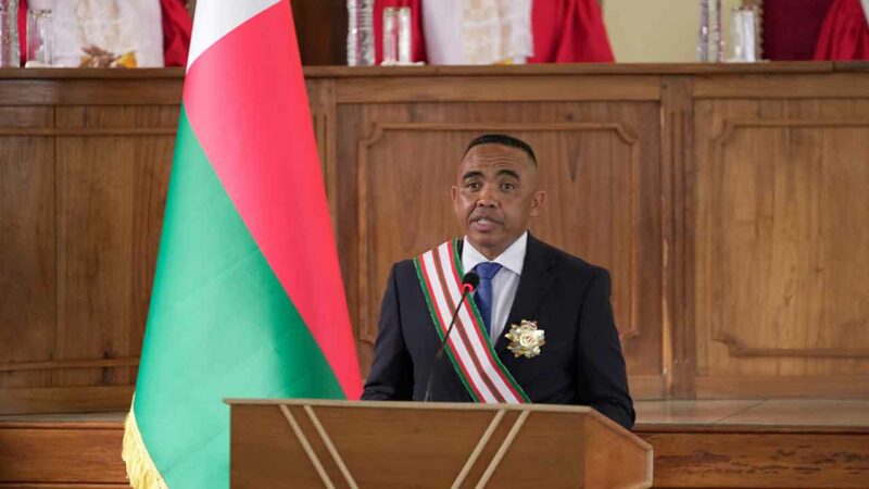 Col. Michael Randrianirina delivers his speech at the high constitutional court after being sworn in as president in Antananarivo, Madagascar.