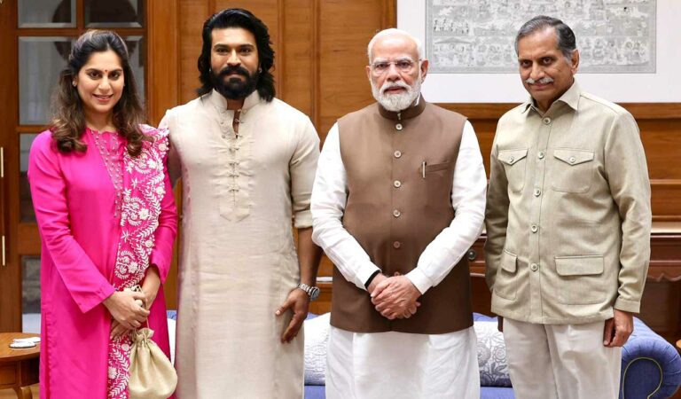 Actor Ram Charan, Upasana and Anil Kamineni meet Prime Minister Narendra Modi, in New Delhi