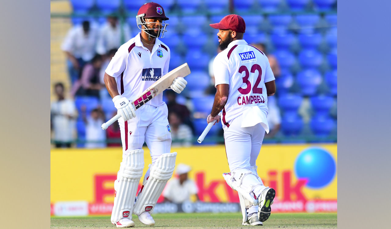 West Indies trail by 97 runs after strong fifties from Campbell and Hope