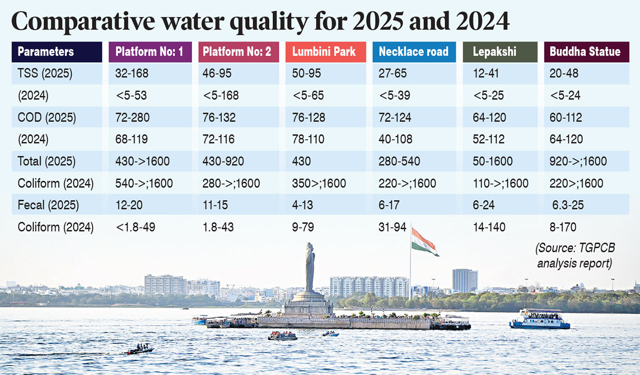 Hyderabad: Coliform levels in Hussain Sagar Lake show mixed trends during Ganesh idols immersion in 2025 compared to 2024
