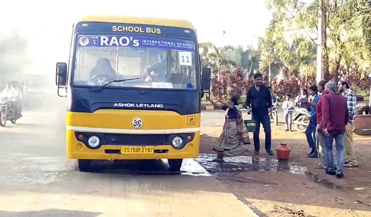 Watch: Driver’s quick action saves children as school bus catches fire in Zaheerabad