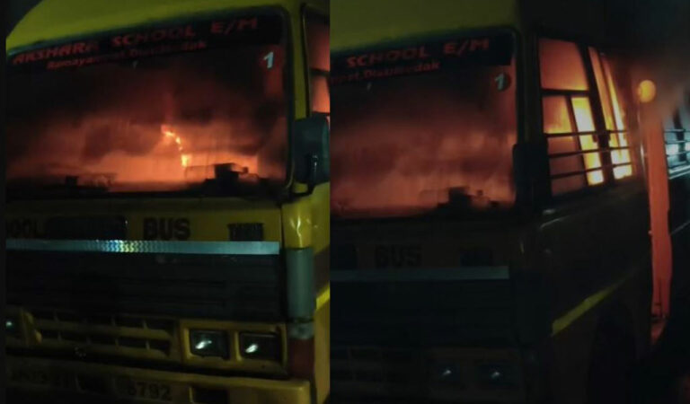 School bus catches fire in Medak