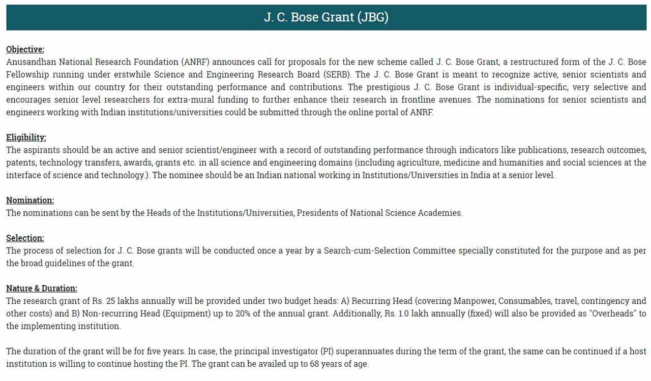 ANRF announces JC Bose Grant for senior scientists in India
