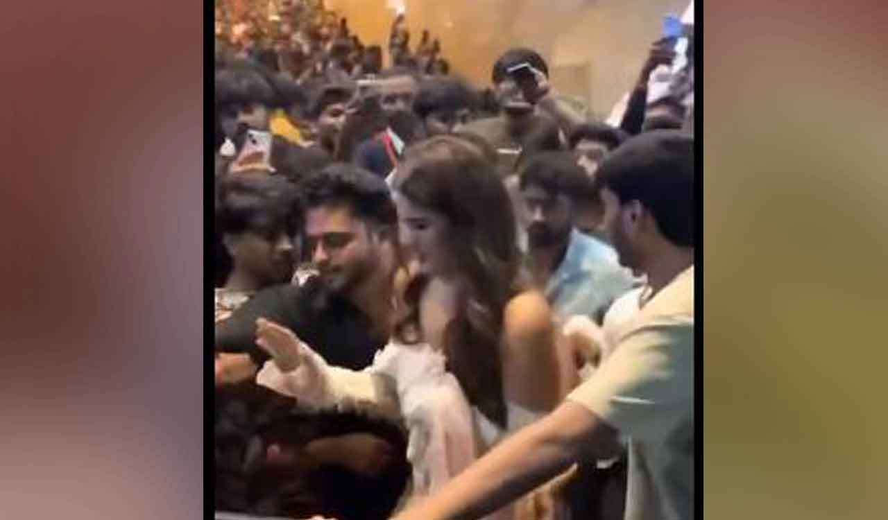 Nidhhi Agarwal mobbed by fans during ‘The Raja Saab’ song launch in Hyderabad