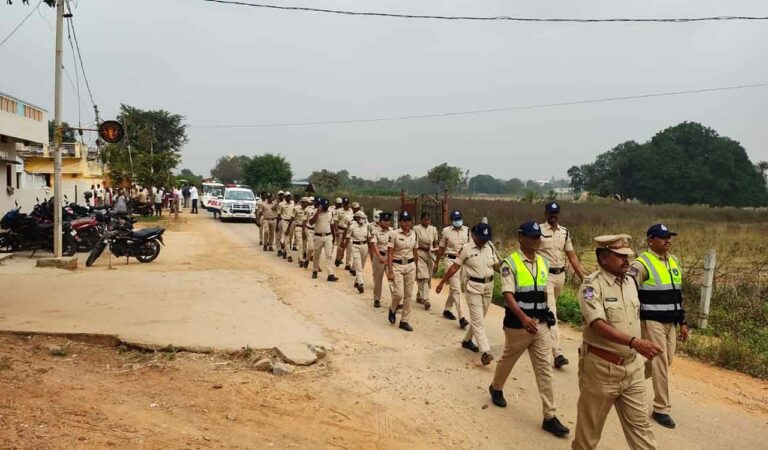 Shadnagar Police conduct Flag March ahead of Gram Panchayat elections