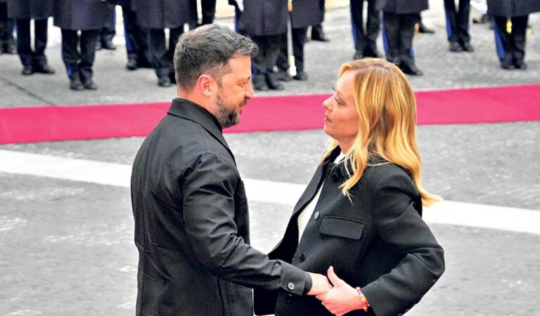 Ukraine's President Volodymyr Zelenskyy is received at Chigi Palace by Italian Premier Giorgia Meloni.