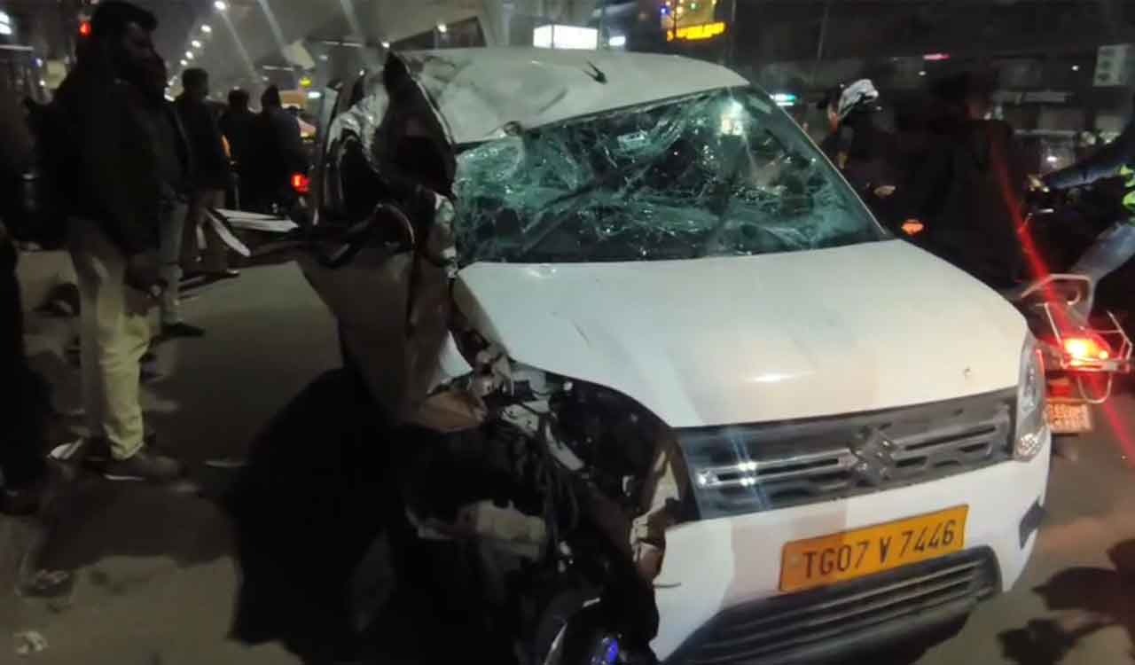 Car goes berserk, hits truck and turns on its side in Hyderabad