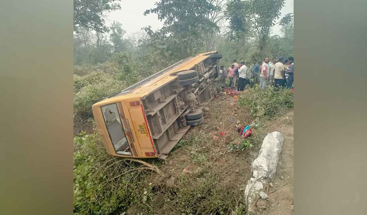 Several students injured as a private engineering college bus overturns in Kothagudem