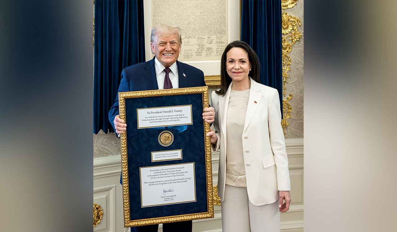 Venezuelan Nobel Peace Prize winner presents her medal to Trump 