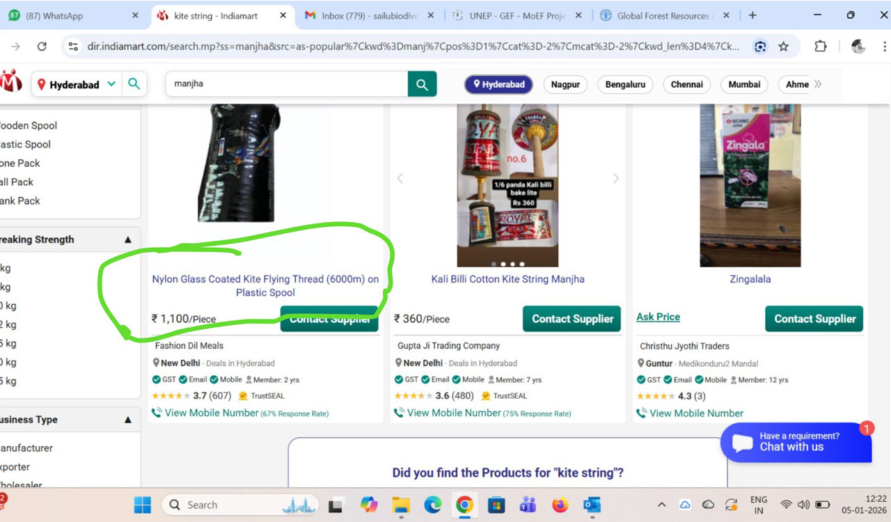 Wildlife activists urge action as nylon manja sells online despite Telangana ban