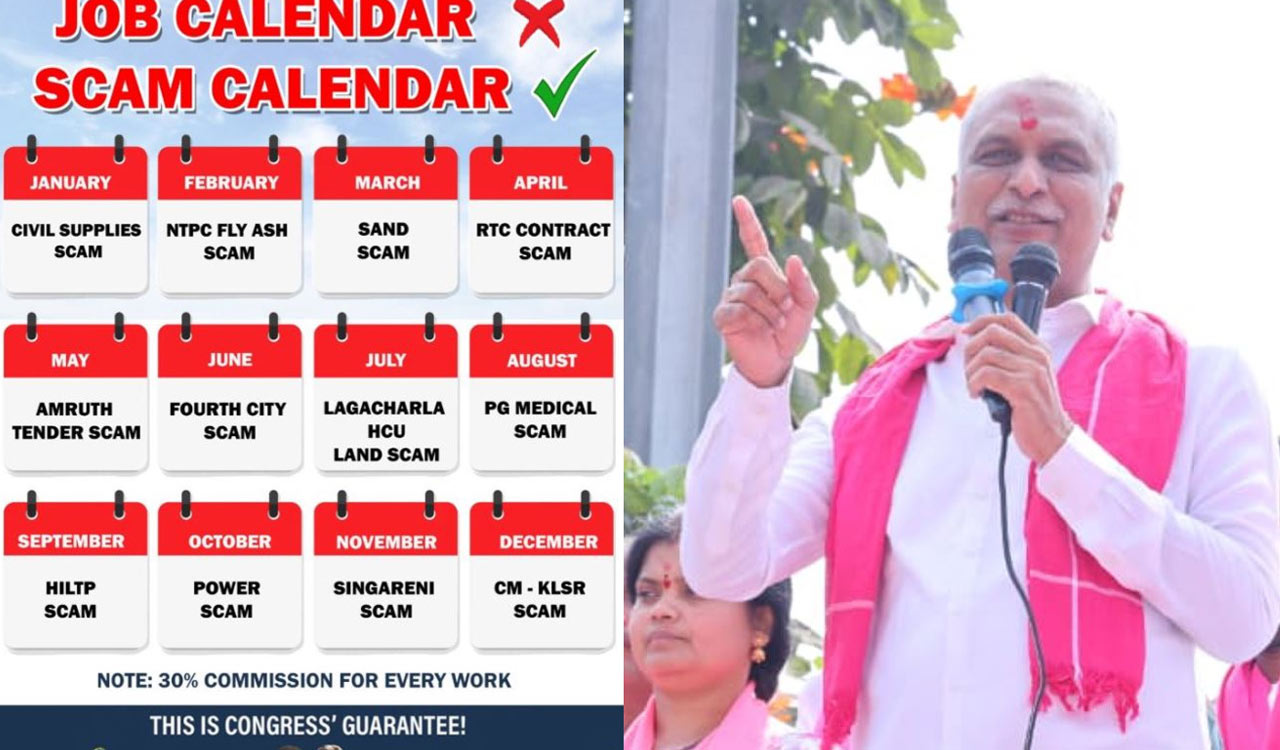 ‘Nil guarantees, full scams’: Harish Rao unveils ‘Congress Scam Calendar’