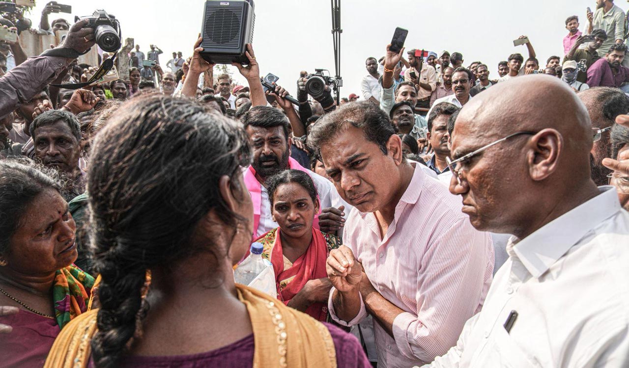 Emotional scenes unfold as displaced families narrate their plight to KTR in Khammam