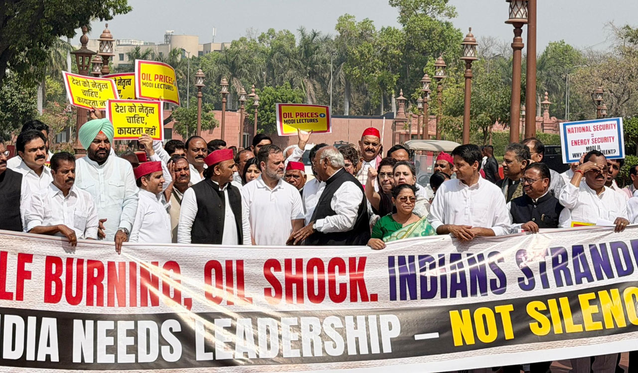 INDIA bloc MPs protest Centre’s ‘silence’ on West Asia conflict