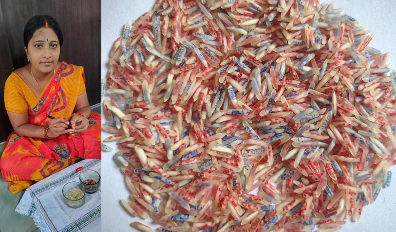 Devotee writes Rama on 4,100 rice grains in Sangareddy