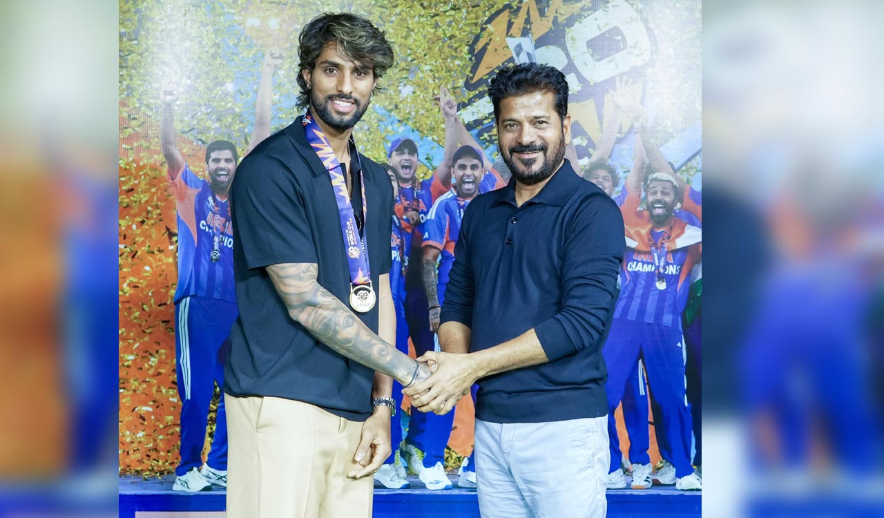 Telangana CM Revanth Reddy felicitates Tilak Varma