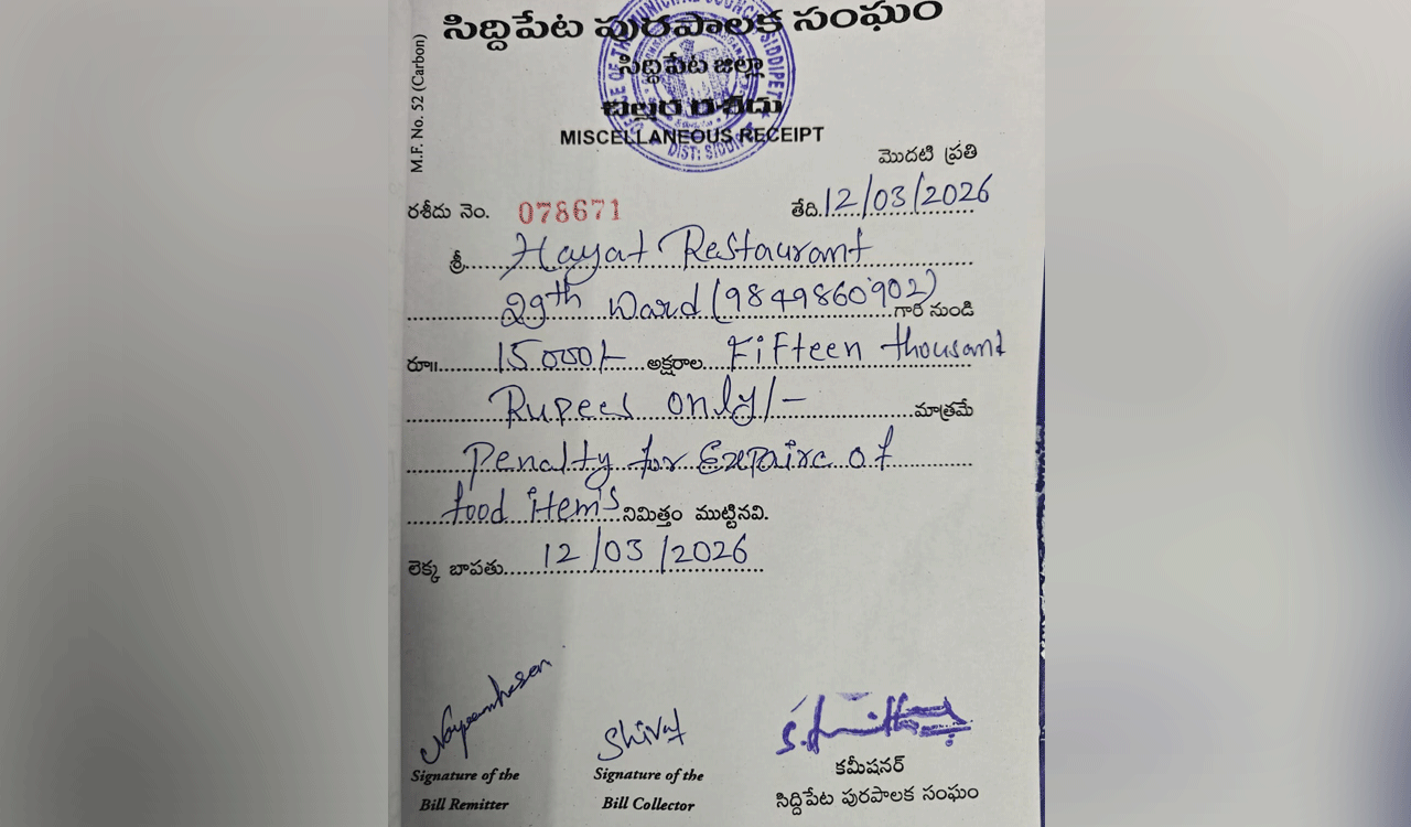 Restaurant fined Rs.15,000 after cockroach found in meal in Siddipet