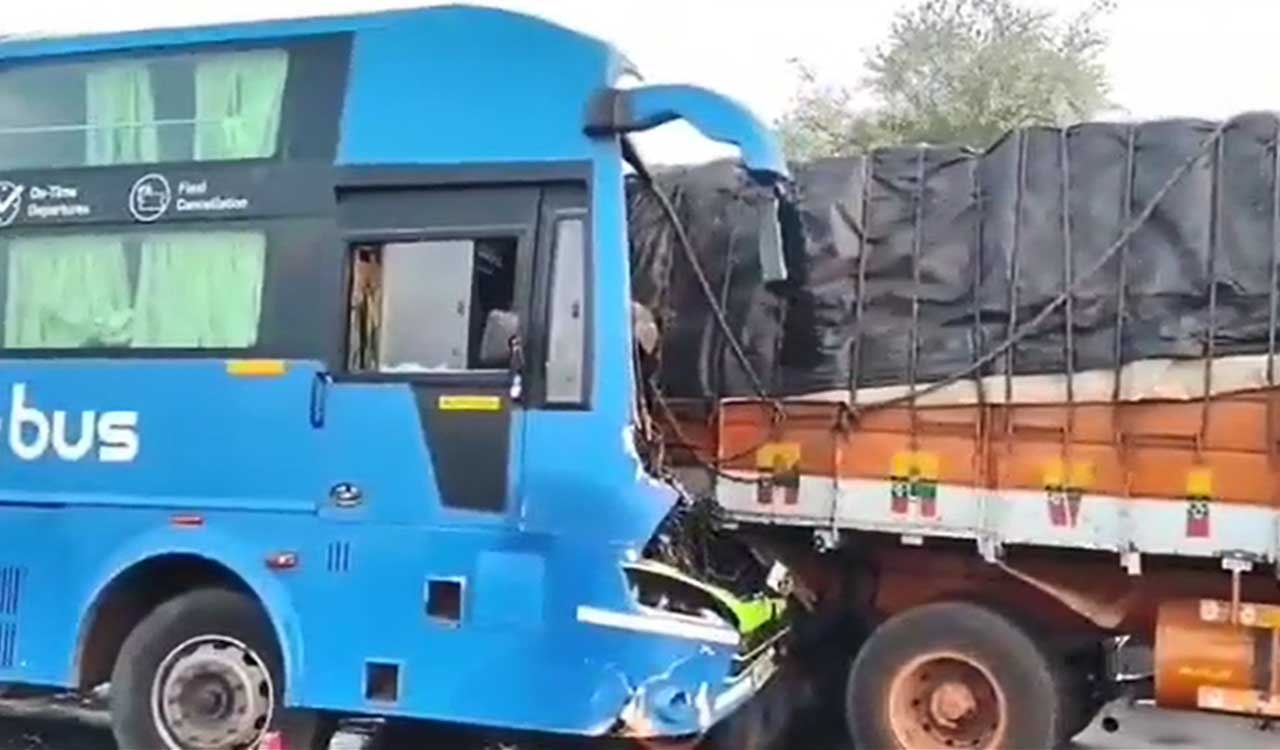 Sixteen injured as bus rams into a truck on NH 65 near Kodad