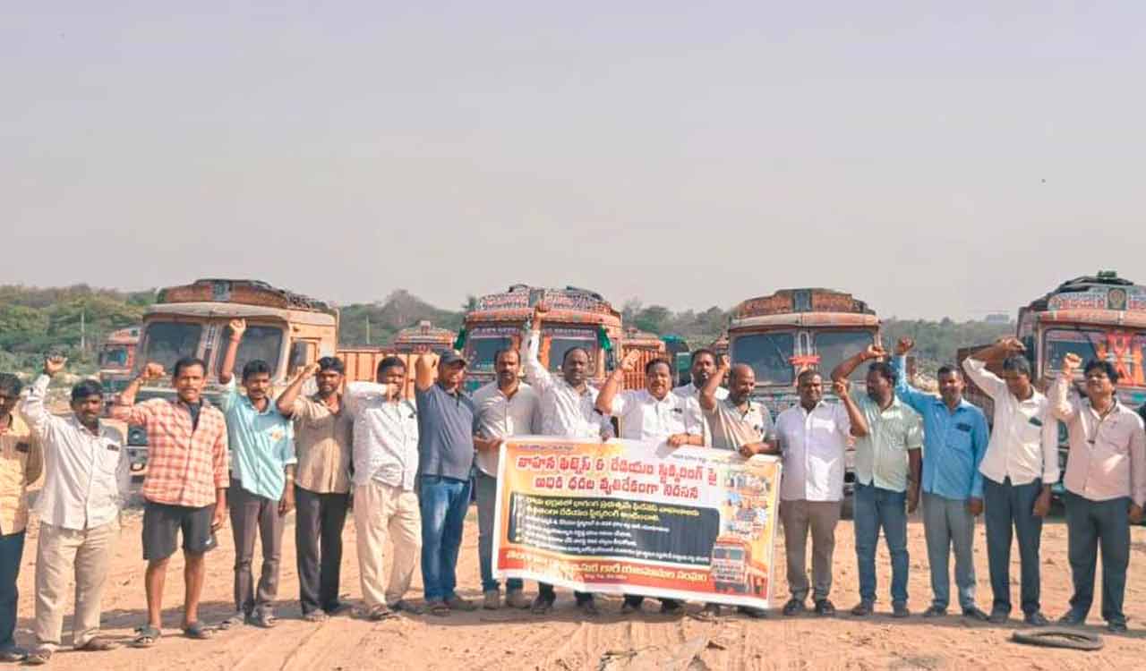 Sand lorry owners protest mandatory radium sticker charges in Telangana
