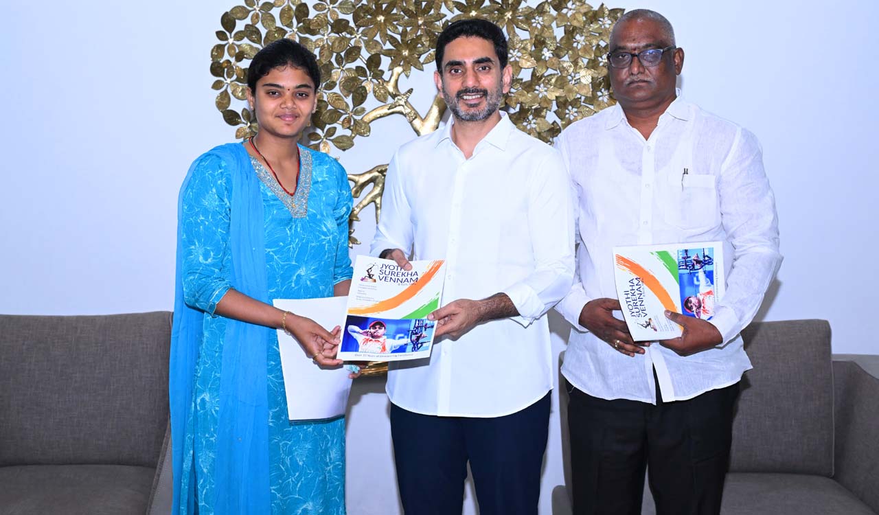 Nara Lokesh felicitates archer Jyothi Surekha Vennam ahead of Asian Games