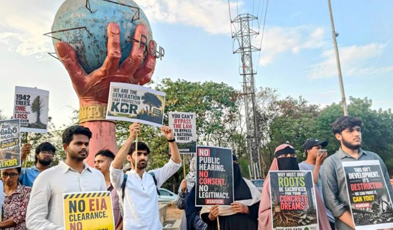 Activists protest tree cutting near KBR Park in Hyderabad