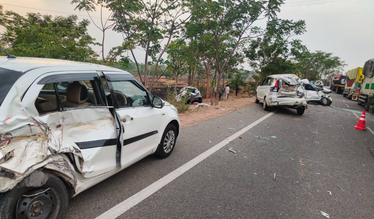 Seven cars and two trucks damaged in accident at Indalvai, Nizamabad