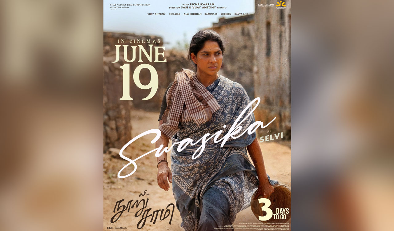 Swasika plays Selvi in Vijay Antony-Sasi’s real-life drama ‘Nooru Saami’